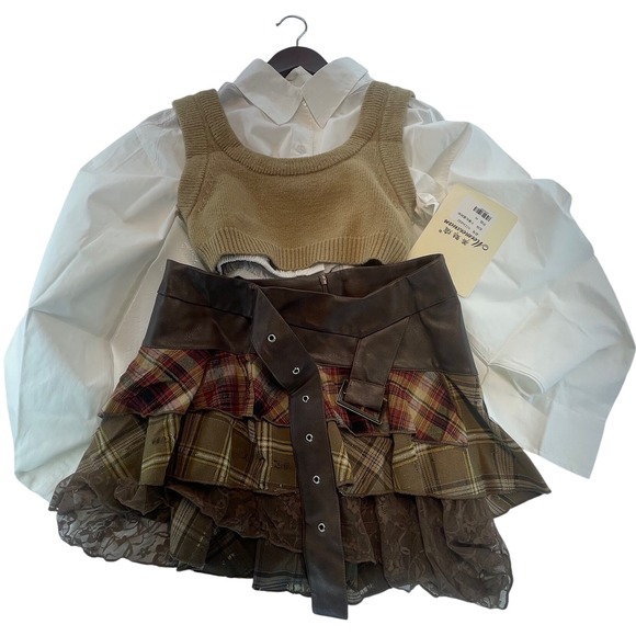 Dresses & Skirts - Plaid Tiered Ruffle Skirt Brown Lace Faux Leather Trim Mini Punk Grunge Med 3Set